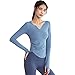 Damen Sport Fitness V-Ausschnitt Langarm T-Shirt Atmungsaktives Funktionelles Sport Training Fitness T-Shirt Locker Geschnittenes Laufshirt Yoga Top (M,Blau)