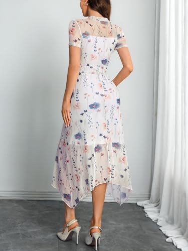 Image of GothDark Women Summer Wedding Guest Floral Mesh Irregular Hem Midi Dress | A-Line, Short Sleeve, Sheer Mesh Overlay, Elegant Vintage Dresses For Party, Semi Formal, Vacation, Dinner, Church