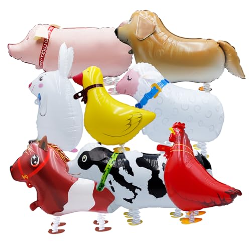 8-Pack Walking Farm Animal Balloons | Farm Theme Party Decorations for Kids Birthdays BBQs & Farmhouse Events | Reusable Foil Balloons with Ribbon