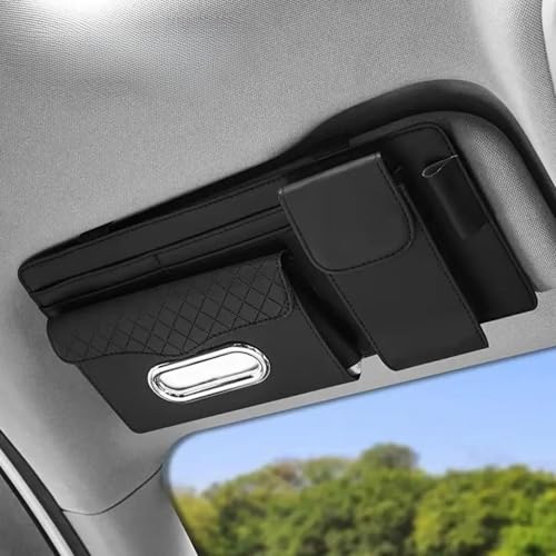 Image of DETACHI Car Sun Visor Organizer with Tissue Paper, Sunglass Pen Card Small Document Storage Pouch & Phone Holder, Leatherette, Multi-Pocket with Zipper Net-(Black, 18X3X37CM)