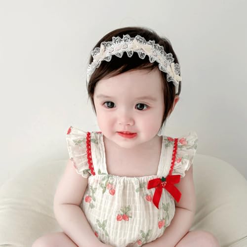 Baby Girls Hairband White Bow Lace Headbands Handmade Soft Stretchy Bowknot Hairbands Newborn Headband with Bows Pearls Elastic Head Band for Newborn Infant(Lace Beige Bow)3