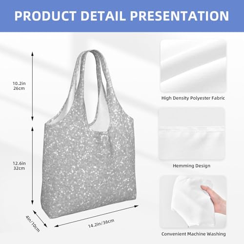 Faux Sparkly Silver Glitter Printed Canvas Tote Bag For Women – Lightweight & Durable Polyester, Oversized Carryall For Commuting, Shopping & Travel3