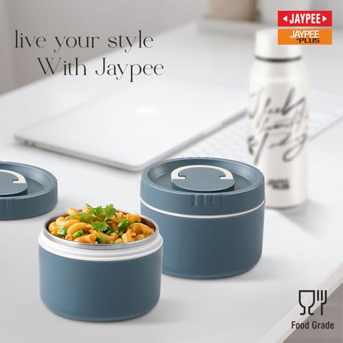 Image of Jaypee Plus Snackpac Sr. Airtight Leakproof Container 500 ml Lunch Box for School, Office, Ideal for Snacks and Meal, Keeps Food Hot & Fresh Inner Stainless Steel Easy to Carry Handle, Bowl Grey