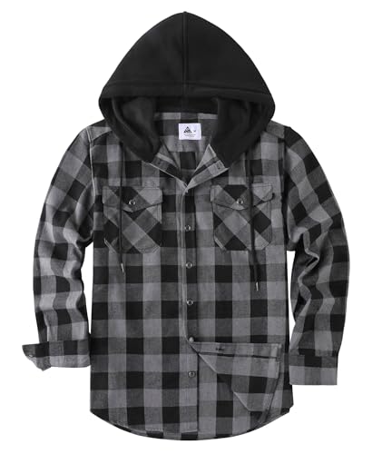 Image of Hooded Flannel Shirts for Men Plaid Long Sleeve Flannel Jacket Hoodies | Button-Down, Lightweight Coat, Classic Plaid Shirts with Hood, Flannel Hoodies with Pocket