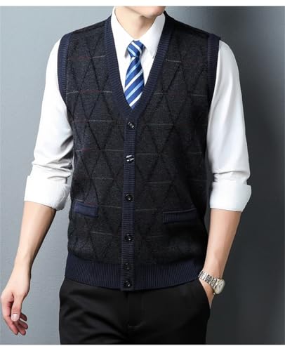 2024 Men's Cardigan Vest Autumn Business Casual Fashion Knitted Sweater Vest Warm V-Neck 18709-Black gray Asian Size M(165)#Asian Size M(165)2