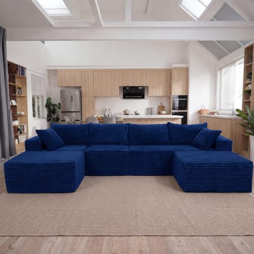 Image of Claiks 132 inch Boneless Couch, U-Shape Corduroy Sectional Sofa, Blue