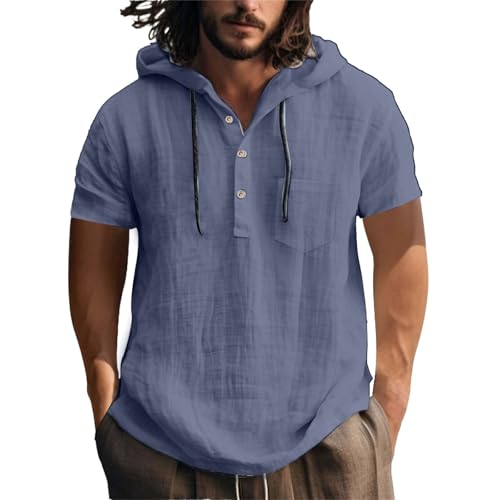 Mens Linen Shirts with Hood Lightweight UPF 50+ Summer Beach Hippie Tops Button Down Casual Sun Protection Shirt