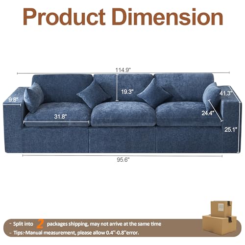 Image of 115''Cloud Boneless Sectional Couch, Modular Sectional Sofa Deep Seat, Oversized Upholstered Convertible Comfy 3 Seater Chenille Memory Foam Sofa Couches for Living Room, Blue