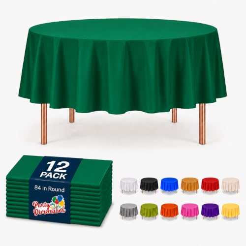 Image of Party Dimensions Green Disposable Plastic Tablecloth for Round Tables (12 Pack) Table Cloths for Parties, Events & Weddings, Indoors & Outdoors, 84 inches, Plastic Table Cover | Disposable Waterproof Table Cover for Birthdays, Weddings, Graduations, Picnics & BBQs, Indoor /Outdoor, Fits Tables up to 72 inch