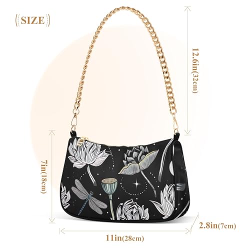 Zipper Classic Purse Hobo Totes White Lotus Floral Dragonflies Designer Handbag Women One Shoulder Purses with Chain Strap3