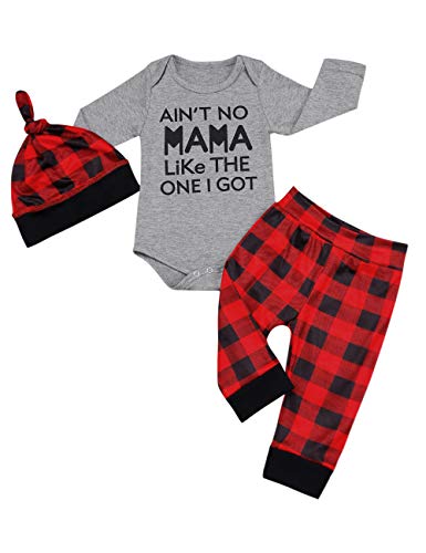 Newborn Baby Boy Girl Clothes Little Man Long Sleeve Romper,Plaid Pants + Cute Hat 3pcs Outfit Set (W-Grey, 0-3 Months)