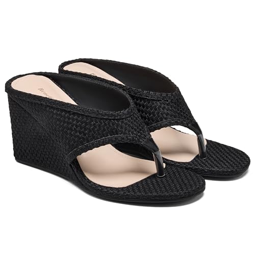 Image of Women's Wedges Heeled Slippers Fabric Heels Slip on Comfy Evening Dress Woven Sandals Square Toe Shoes for Women 3.3 inch Heels