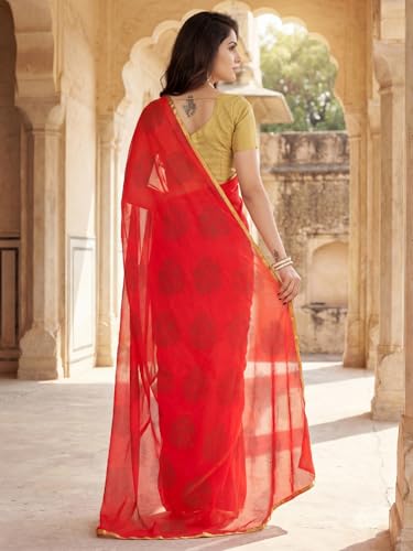 Image of SAREE MALL Women's Red Chiffon Floral Embellished Saree With Unstitched Blouse Piece (DOLY2604 AI2)