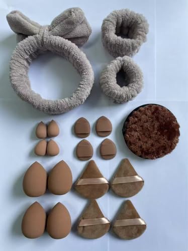 Image of Multi-Shape Makeup Sponge Set | 20 Piece Beauty Puff Collection with Headband and Clean Sponge | Pink, Purple, Beige & Bright Sets | Face Blender Kit for Cream, Liquid & Powder | Aesthetic and Functional Makeup Tool (Brown, 20Pcs)