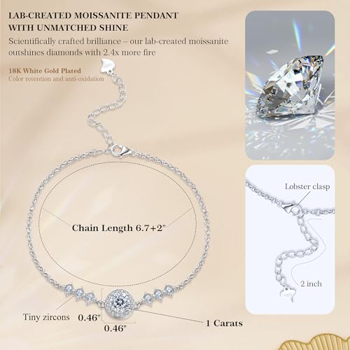 1CT Dainty Moissanite Starry Hand Bracelet for Women D Color VVS1 18K White Gold Plated S925 Chain Jewelry for Mother Love Friend Mother’s Day Birthday Gift for Her 7+2inch3