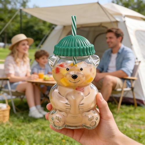 Image of NYRWANA Bear Glass Cup with Straw & Lid | 20oz (600ml) Cute Bear Glass Tumbler | Reusable Straw | Leak-Resistant Lid | Coffee, Bubble Tea, Smoothies, Juice & Water Cup (Green)