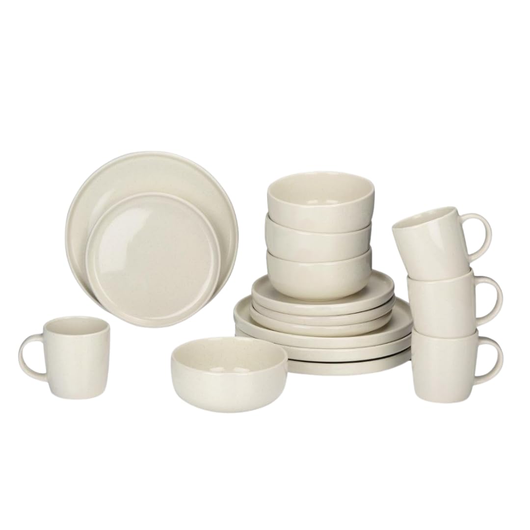 alpina Service de Table 16 Pièces - Ensemble de Vaisselle pour 4 Personnes - Vaisselle en Faïence - Assiettes à Petit Déjeuner, Assiettes à Dîner, Bols et Tasses - Crème