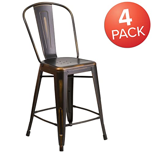 Flash Furniture Blake Commercial Grade 4 Pack 24" High Distressed Copper Metal Indoor-Outdoor Counter Height Stool With Back #TOP3