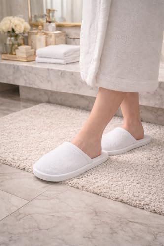 Image of 25 Pairs Hotel Guest Room Slippers - Terry Towel Close-Toe, 5MM Sole, Free Size (Unisex, White) | Disposable Hotel Accessories & Travel Kit Essentials
