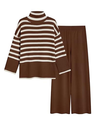 Tanming Women's Striped Sweater Sets, High Neck 2 Piece Knitted