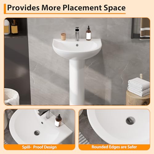 20" Bathroom Pedestal Sink - White Ceramic Vanity Sink with Overflow, Single Hole Faucet Pre-Drilled, Freestanding Restroom Sink Combo for Small Spaces