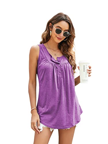 Famulily Womens Tops V Neck Button Up Tunic Casual Flowy Pleats Tanks Purple S #TOP3