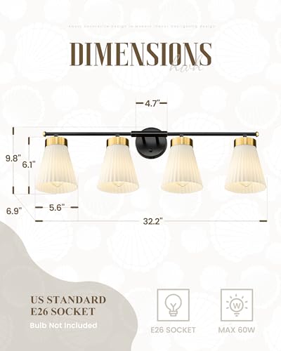 Image of 4-Light Bathroom Light Fixture, HWH 32 Inch Vanity Lights Over Mirror, Modern Sconce Wall Lighting with Frosted Milk White Striped Glass, Black and Gold Finish, 5HZG97B-4W BK+BG
