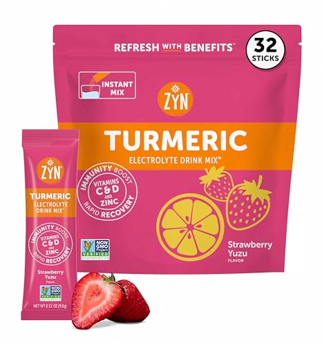 ZYN Electrolyte Drink Mix Hydration Packets, Strawberry Yuzu Electrolytes Powder, Hydration Packets w/Turmeric Curcumin, Vitamin C & D, Zinc, Hydrate & Recover Electrolyte Powder, Pack of 32