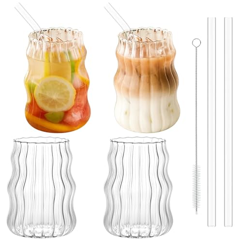 530ml Verres à Bulles Avec Paille - Set de 4 Résistants au Froid et à la Chaleur Striés, Wave Tumbler Pour Latte Macchiato, Café Glacé, Whisky,...