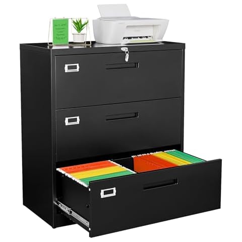 NODHM Lateral Filing Cabinet,3 Drawer File Cabinet with Lock,Office Lateral File Cabinets for Legal/Letter A4 Size,Require Assembly, Black Cover