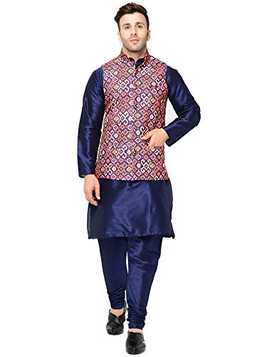 Image of SAIFOO Men's Silk Navy Blue Kurta Pyjama & Printed Nehru Jacket