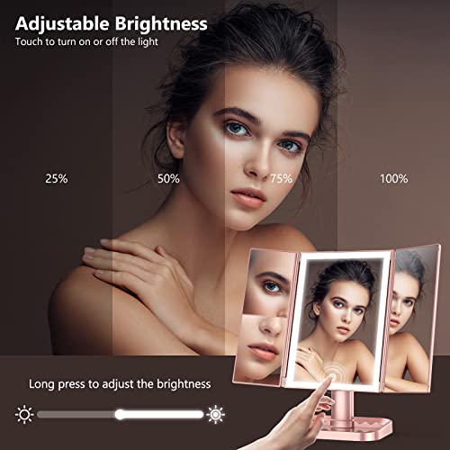 Makeup Mirror With 10X Magnifying Mirror, 3 Color Lighting, 72 Leds Vanity Mirror With Lights, Lighted Makeup Mirror, 10X 3X 2X Magnification, Touch Control, Dual Power Supply, Gift For Her(Rose Gold) #TOP2
