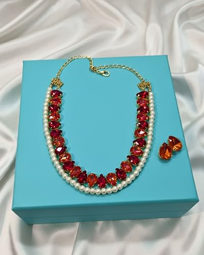 Image of Mansiyaorange Statement AD CZ American Diamond Cubic Zerconia Pearl Necklace Set | Gold Plated Chunky Fashion Jewelry for Women & Girls