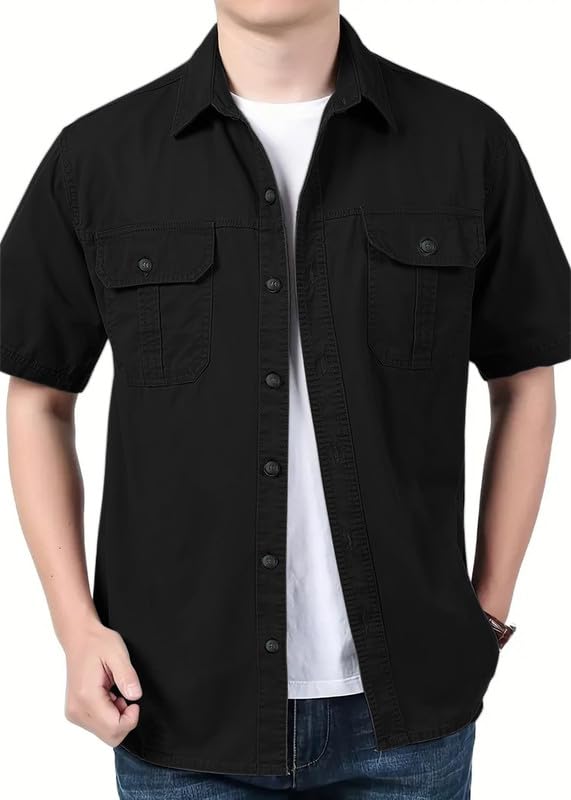 Image of SHIENZY Men's Regular Fit Solid Printed Cotton Casual Shirt || Half Sleeve, Double Pocket || Denim Jacket Style Fashionable Western Outfit