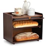 Okllen Large Bamboo Bread Box, 2 Layer Rustic Bread Storage Box with Window, Wooden Bread Container Farmhouse Style Bread Holder Shelf for Kitchen Countertop, 16' x 10' x 12.5', Brown