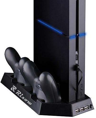 PS4 Controller Charger, Rixow PS4 Fan Cooler, Vertical Stand Charger for Playstation 4 Dual Shock 4 Controllers, with Dual USB HUB Charger Ports - Dual Use with Best Cooling and Charging System
