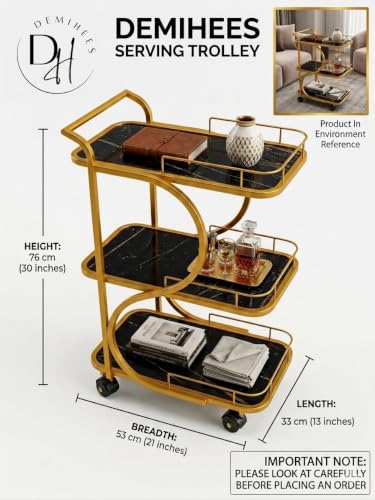 Image of Serving Trolley with Wheels for Home, Tea Food Drinks Serving Kitchen Trolley Restaurant, Hotels,Dining Room bar cart with Wheels (Gold-Black)