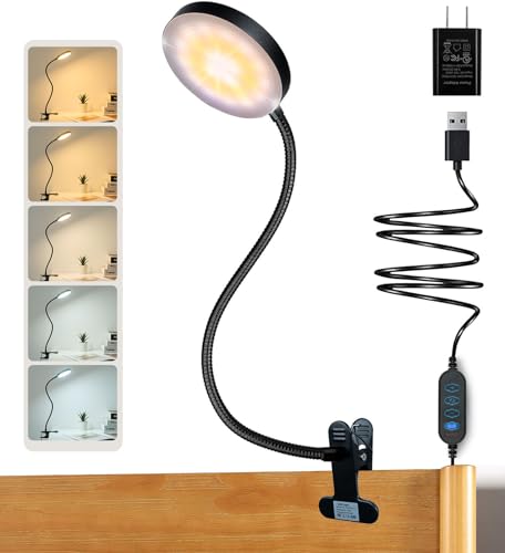 KAiSnova Clamp Lamp 10W Clip on Lamp for Bed 66 LED Clip Lights for Bed with Adapter 5 Color & 10 Brightness Level Reading Lights for Books in Bed Headboard Eye Caring USB Light for Working, Studying