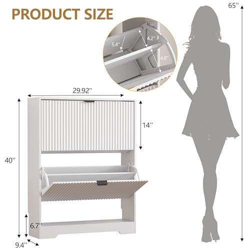 Image of HUANLEGO Shoe Cabinet Storage for Entryway with 2 Flip Drawers, White Fluted Shoe Cabinet with Open Storage, Wooden Hidden Shoe Rack Freestanding Narrow Slim Shoes Organizer for Hallway, Entrance
