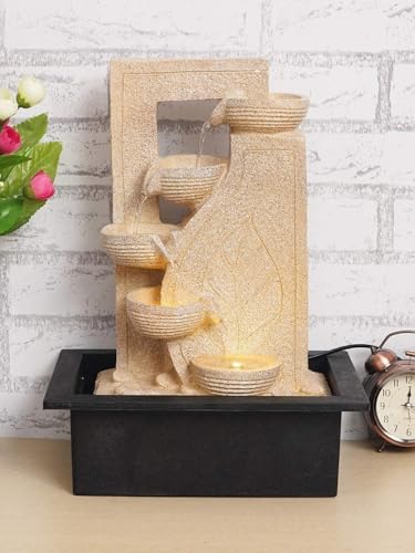 Image of Indoor Tabletop Water Fountain, Polyresin Cascading Waterfall Showpiece with Running Water and Light, Decorative Fountain for Home, Office, Living Room, Meditation, Vastu, Desk Decor