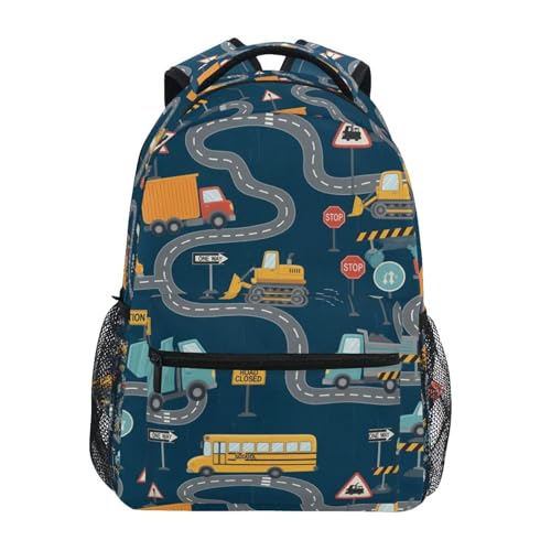 QUGRL Road Construction Vehicles Signs School Backpack for Girls Boys Large Bookbag Laptop Computer Bag Casual Hiking Travel Daypack Backpack Schoolbag for Teens College 16 Inch
