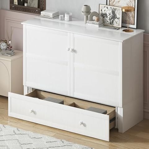 Mjkone Queen Murphy Bed Cabinet, Folding Bed Cabinet with Large Storage Drawers& USB Charging Station, Queen Size Guest Room Bed with Mattress, Murphy Cube Cabinet Bed for Guest Room/Office, White Cover