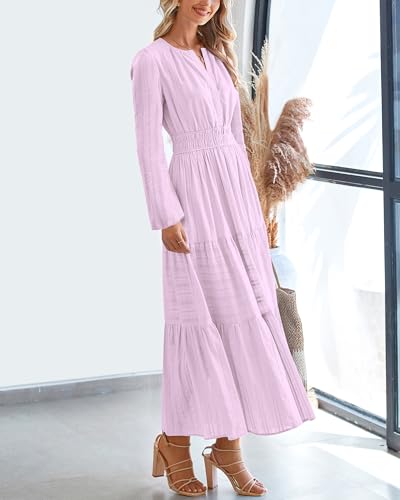 BTFBM Fall Dresses for Women 2025 Casual Long Sleeve V Neck Elastic Waist Lightweight Maxi Wedding Guest Dress Pockets