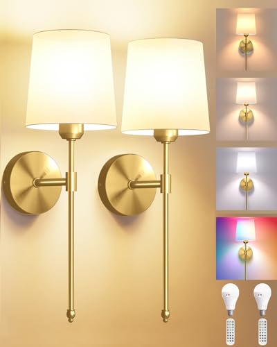 Image of Ouyulong Battery Operated Wall Sconces Set of 2, Wireless Rechargeable Dimmable Wall Light with 5600mAh RGB Bulb and Remote for Bedroom, Living Room, Hallway, Gold, 24in