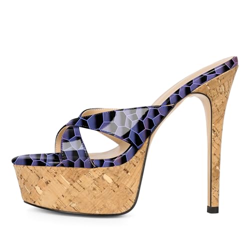 Image of Esvowido Heeled Mules for Women Cork Platform Stiletto Heels Slip on Open Toe High Heeled Sandals Crisscross Slippers Pumps Shoes