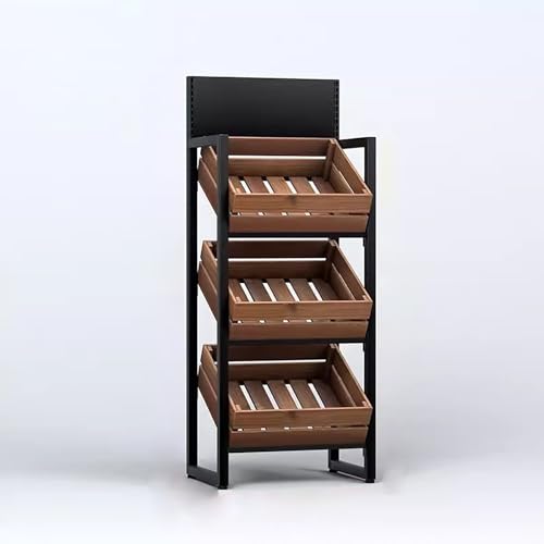 JYHHCYS Supermarket Fruit Display Holder - Adjustable 3 Tier Vegetable Produce Basket - Candy/Snack Organizer Stand with 3 Pcs Wooden Basket for Retail Stores - Easy to Assemble(Black,Walnut Case)
