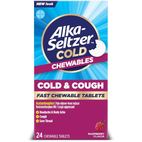 Alka-Seltzer Cold Cold & Cough Fast Chewable Tablets Cold & Cough Medicine Multi-Symptom Relief Body Aches and Pains No Water Needed Raspberry Flavor 24 Count