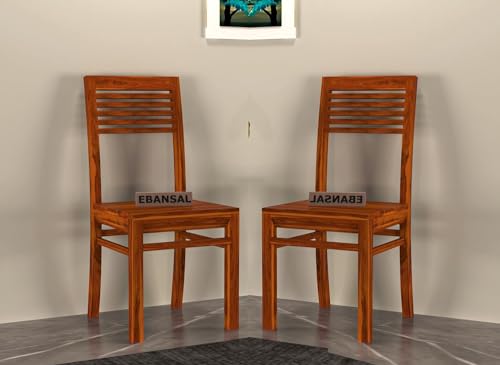 Image of 5 Line Wooden Dining Chairs Set of 2 for Kitchen & Dining Room, Two Seats, Solid Sheesham Wood, Honey Finish