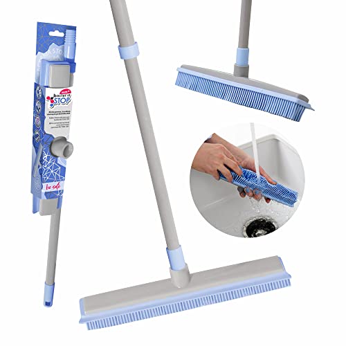 York Gummibesen Mit Abzieher Besen Mit Gummiborsten Und Teleskopischem Stiel Mit Silbermikropartikeln Abstreifer Für Flüssigkeiten Bodenbürste Für Teppich Grau Blau Bacteria Stop 24 x 5 x 74-140 cm