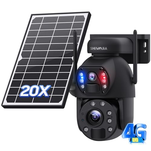 SHIWOJIA Caméra de sécurité extérieure Solaire, caméra 4G Double Objectif Zoom 20x, caméra Solaire 6 MP avec Vision Nocturne en Couleur, détection Humaine PIR, Fente SD, étanchéité IP66